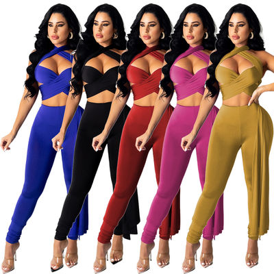 Cercado e cruzado com pescoço tornado ôco-Para fora Lanyard Pant Suit Ladies