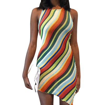 Poliéster sem alças irregular do algodão 30% do vestido 70% do verão da listra colorida