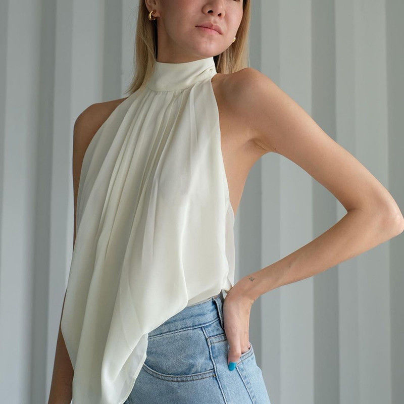 Mulher pura chiffon de suspensão da blusa da cor de Dewback do pescoço da temperamento
