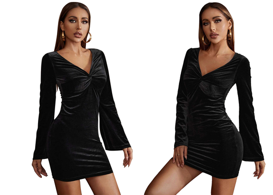 A saia preta das senhoras Maxi Dress Velvet Hip Wrap alargou-se decote em V das luvas